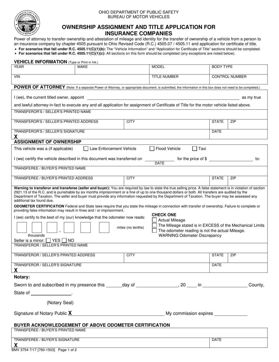 Form BMV3754 Ownership Assignment and Title Application for Insurance Companies - Ohio, Page 1