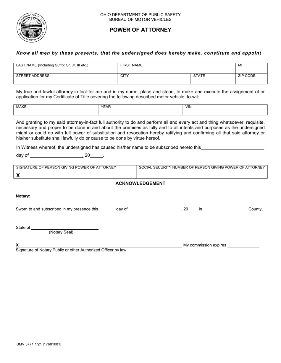Form BMV3771 Download Printable PDF Or Fill Online Power Of Attorney form-bmv3771-download-printable-pdf-or-fill-online-power-of-attorney