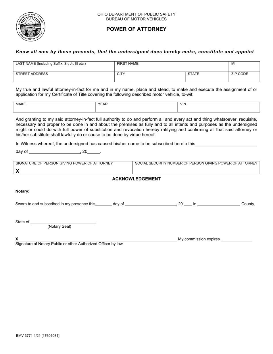Form BMV3771 Power of Attorney - Ohio, Page 1