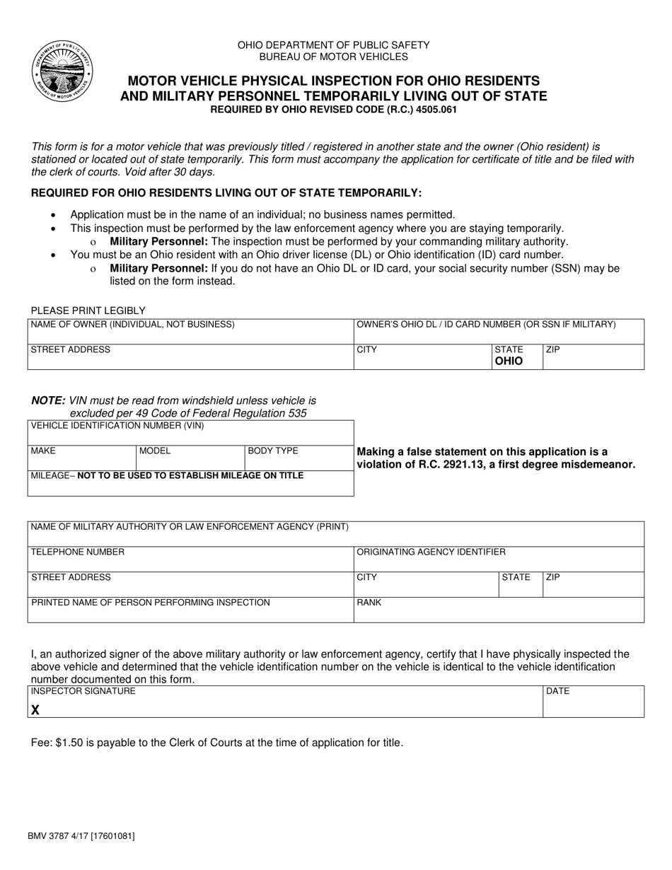 Form BMV3787 Motor Vehicle Physical Inspection for Ohio Residents and Military Personnel Temporarily Living out of State - Ohio, Page 1