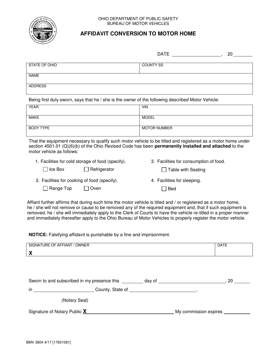 Form BMV3804 Affidavit Conversion to Motor Home - Ohio, Page 1