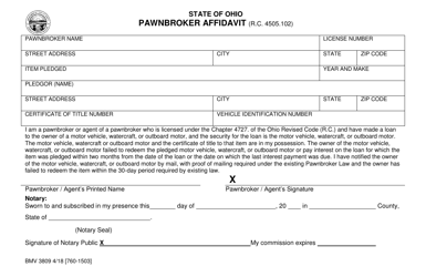 Form BMV3809 &quot;Pawnbroker Affidavit&quot; - Ohio