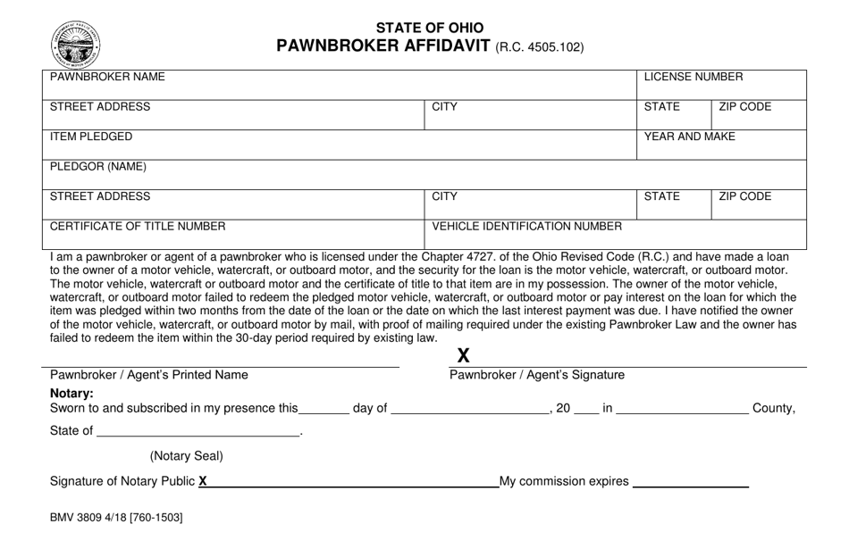 Form BMV3809 Pawnbroker Affidavit - Ohio, Page 1
