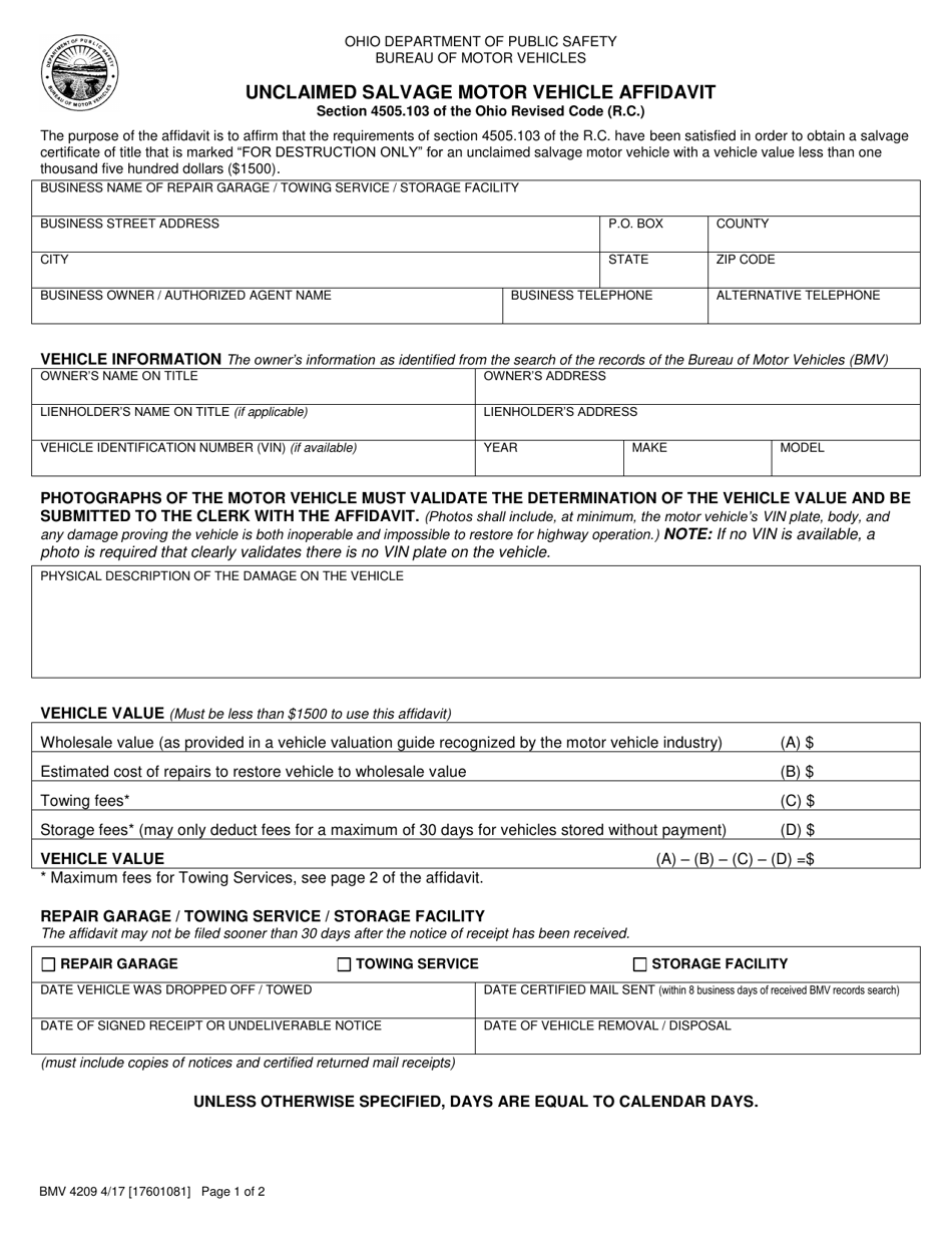Form BMV4209 Unclaimed Salvage Motor Vehicle Affidavit - Ohio, Page 1