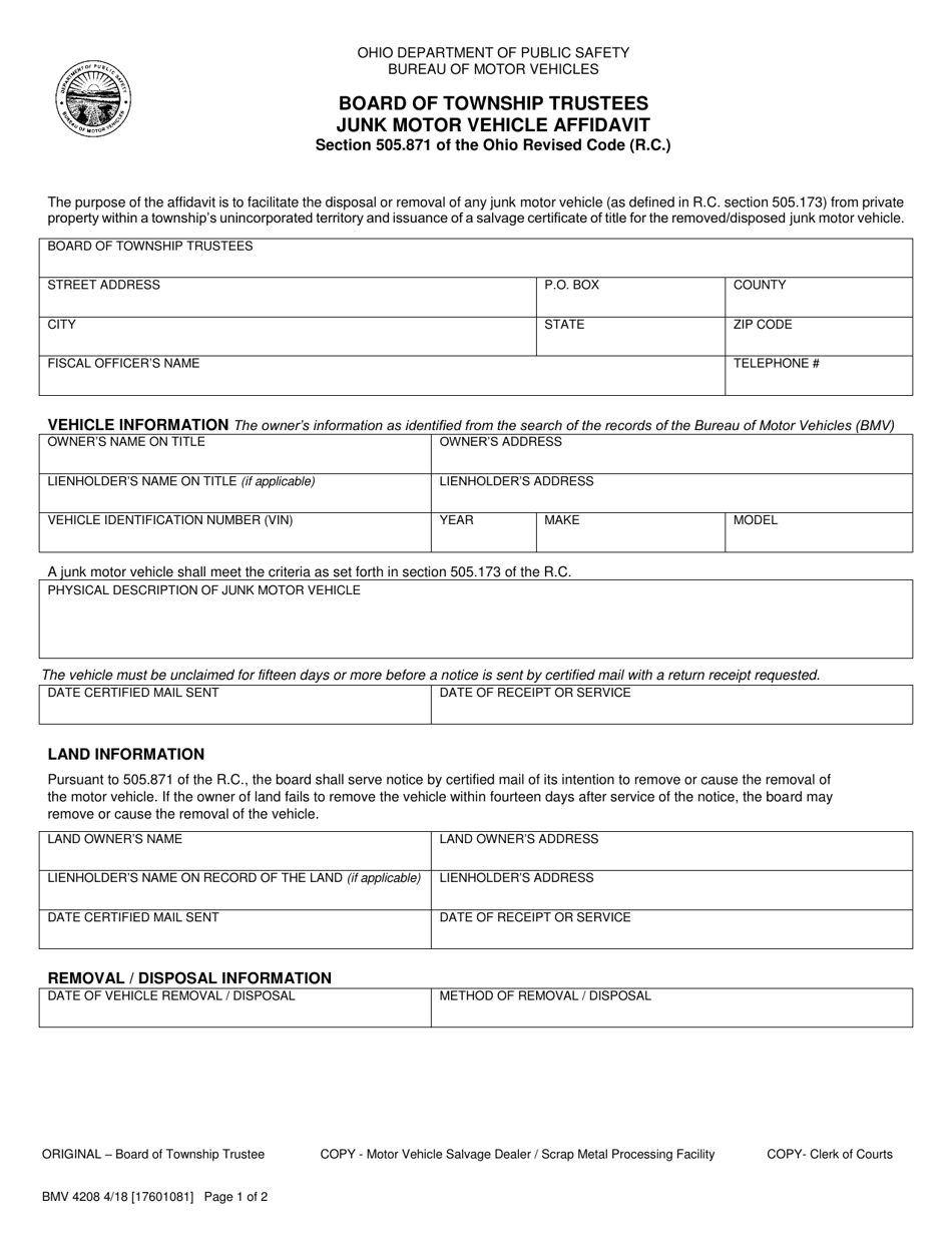 Form BMV4208 Board of Township Trustees Junk Motor Vehicle Affidavit - Ohio, Page 1