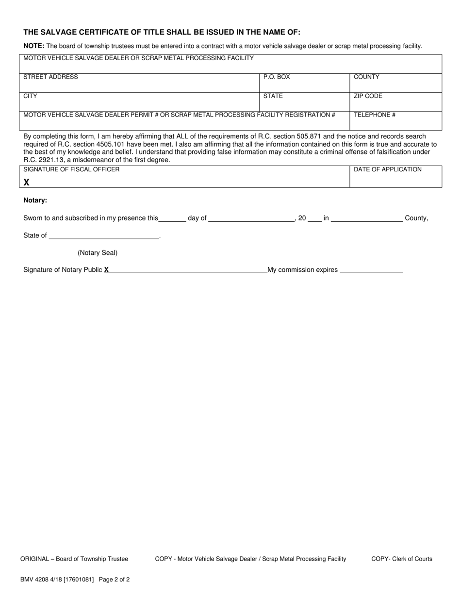 Form BMV4208 - Fill Out, Sign Online and Download Printable PDF, Ohio ...