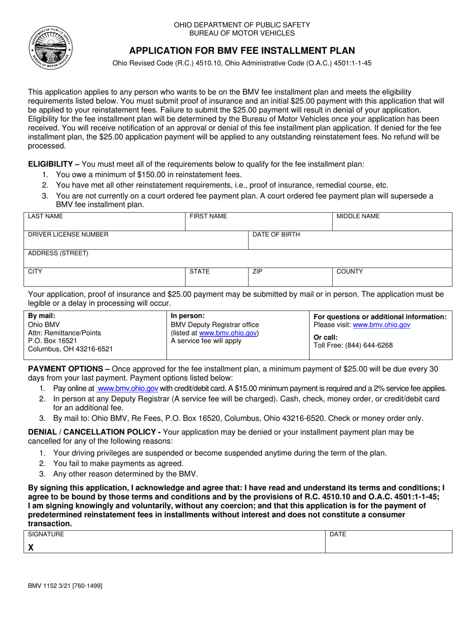 Form BMV1152 Application for Bmv Fee Installment Plan - Ohio, Page 1