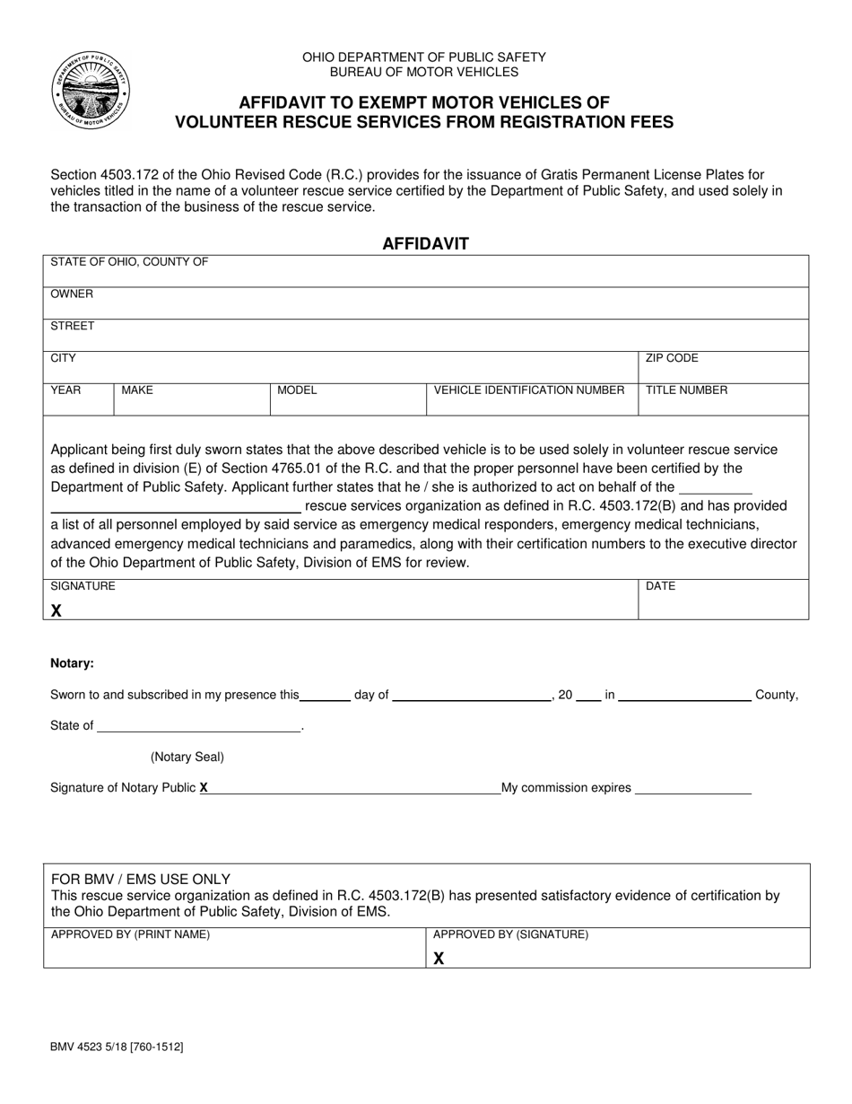 Form BMV4523 Affidavit to Exempt Motor Vehicles of Volunteer Rescue Services From Registration Fees - Ohio, Page 1
