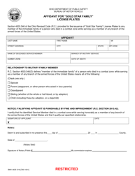 Document preview: Form BMV4635 Affidavit for "gold Star Family" License Plates - Ohio