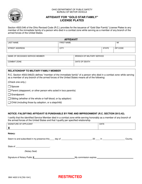 Form BMV4635 Affidavit for "gold Star Family" License Plates - Ohio