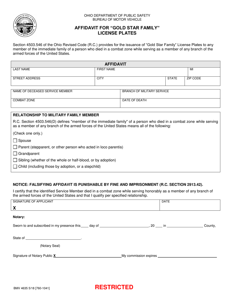 Form BMV4635 Affidavit for gold Star Family License Plates - Ohio, Page 1