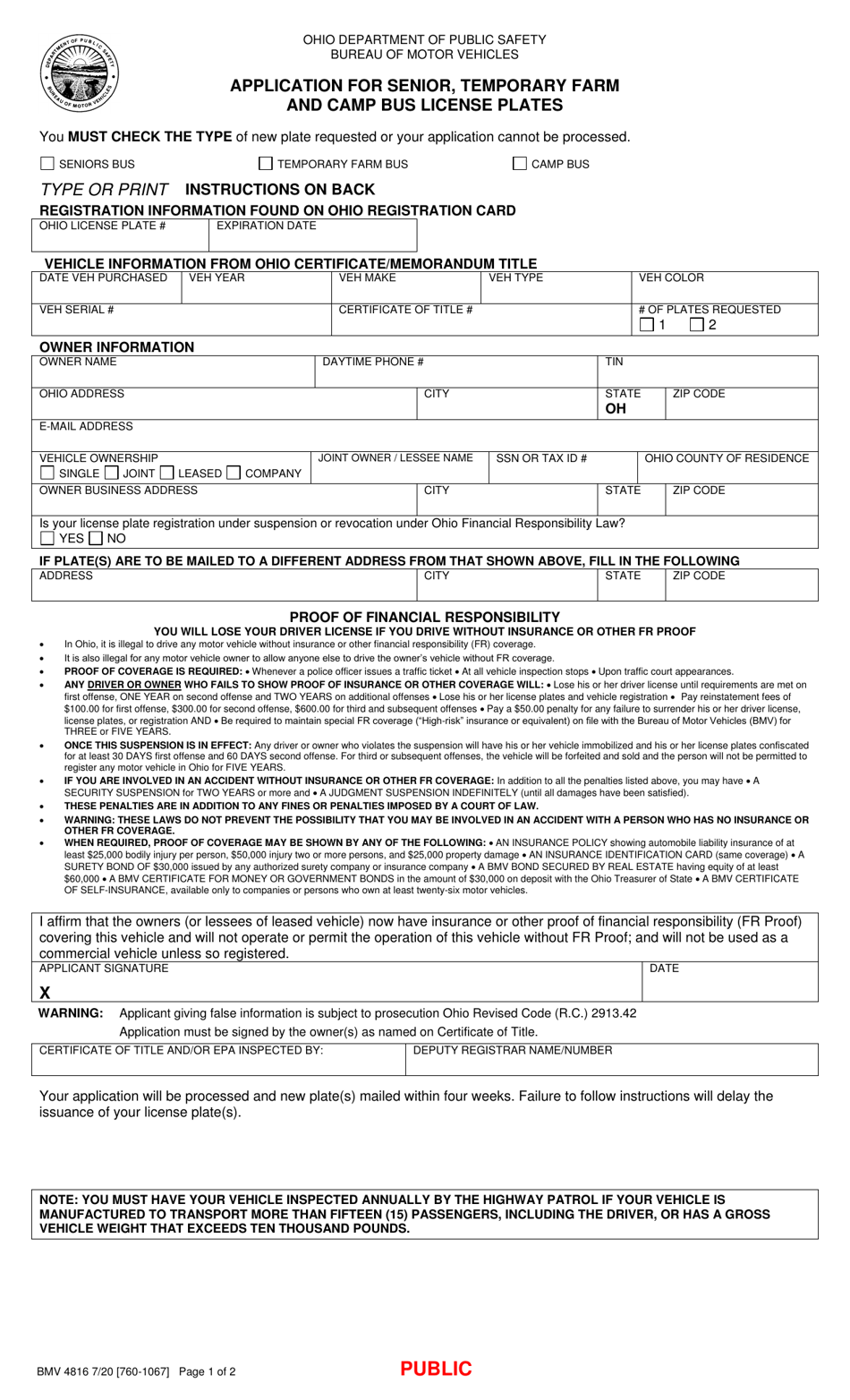Form BMV4816 Application for Senior, Temporary Farm and Camp Bus License Plates - Ohio, Page 1