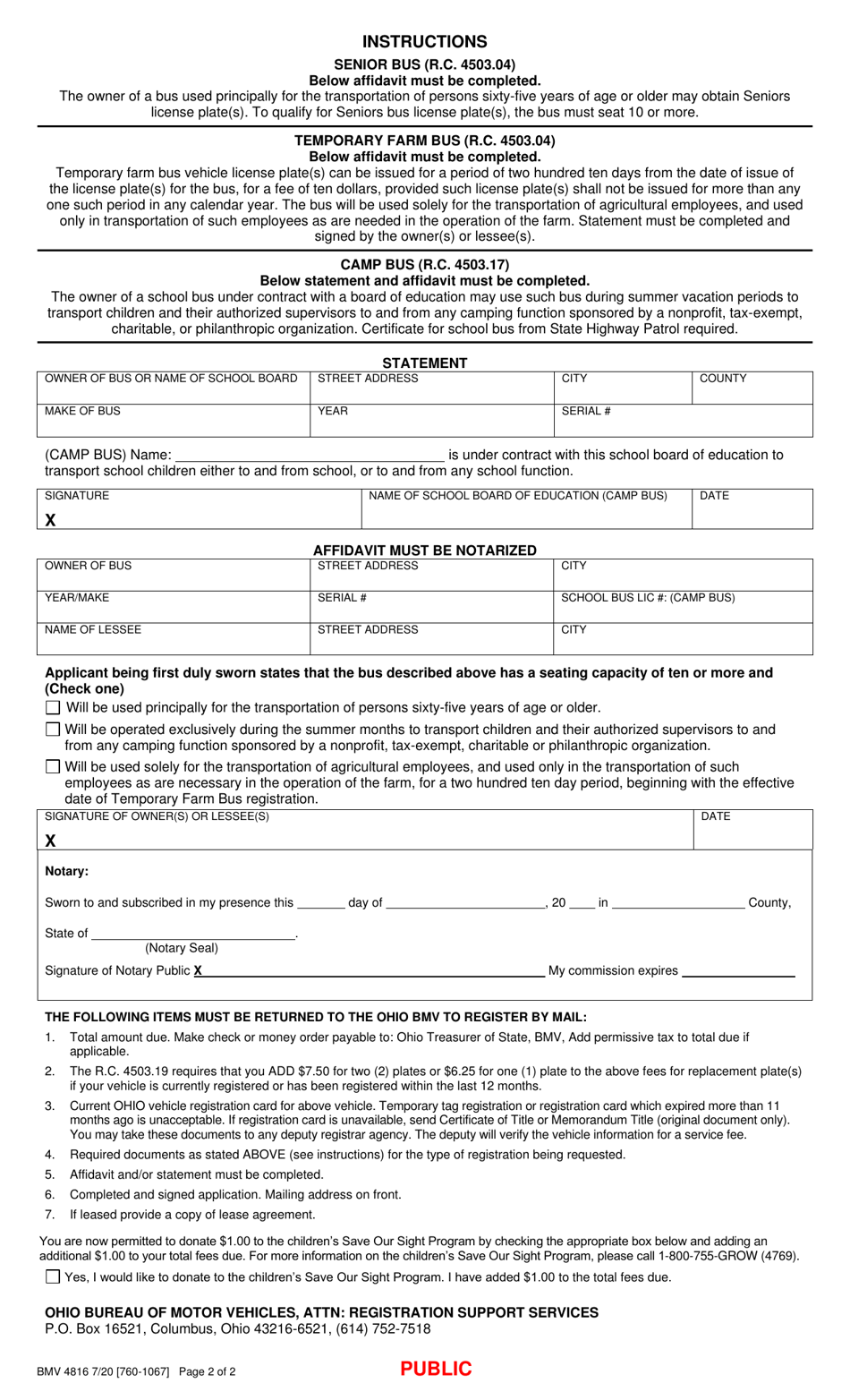 Form BMV4816 Application for Senior, Temporary Farm and Camp Bus License Plates - Ohio, Page 2