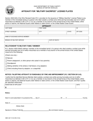 Document preview: Form BMV4817 Affidavit for "military Sacrifice" License Plates - Ohio