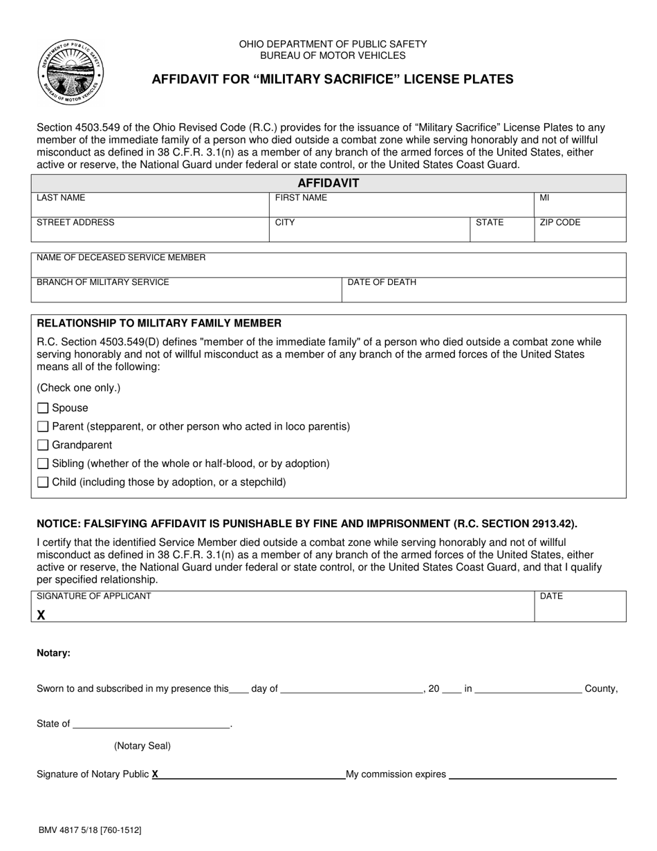 Form BMV4817 Affidavit for military Sacrifice License Plates - Ohio, Page 1