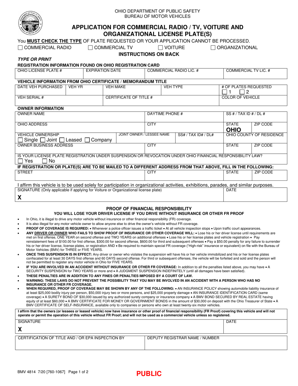 Form BMV4814 Application for Commercial Radio / Tv, Voiture and Organizational License Plate(S) - Ohio, Page 1