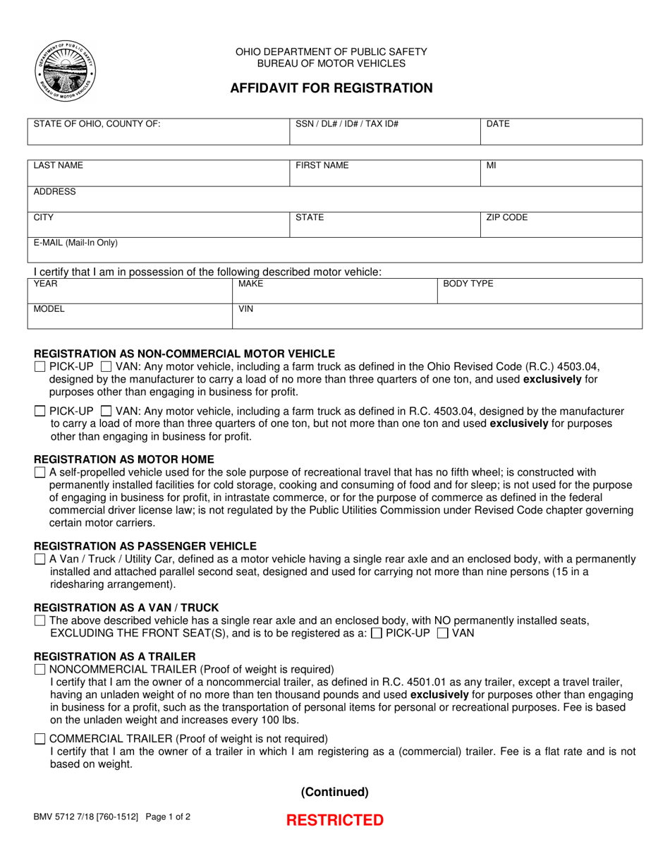 Form BMV5712 Affidavit for Registration - Ohio, Page 1