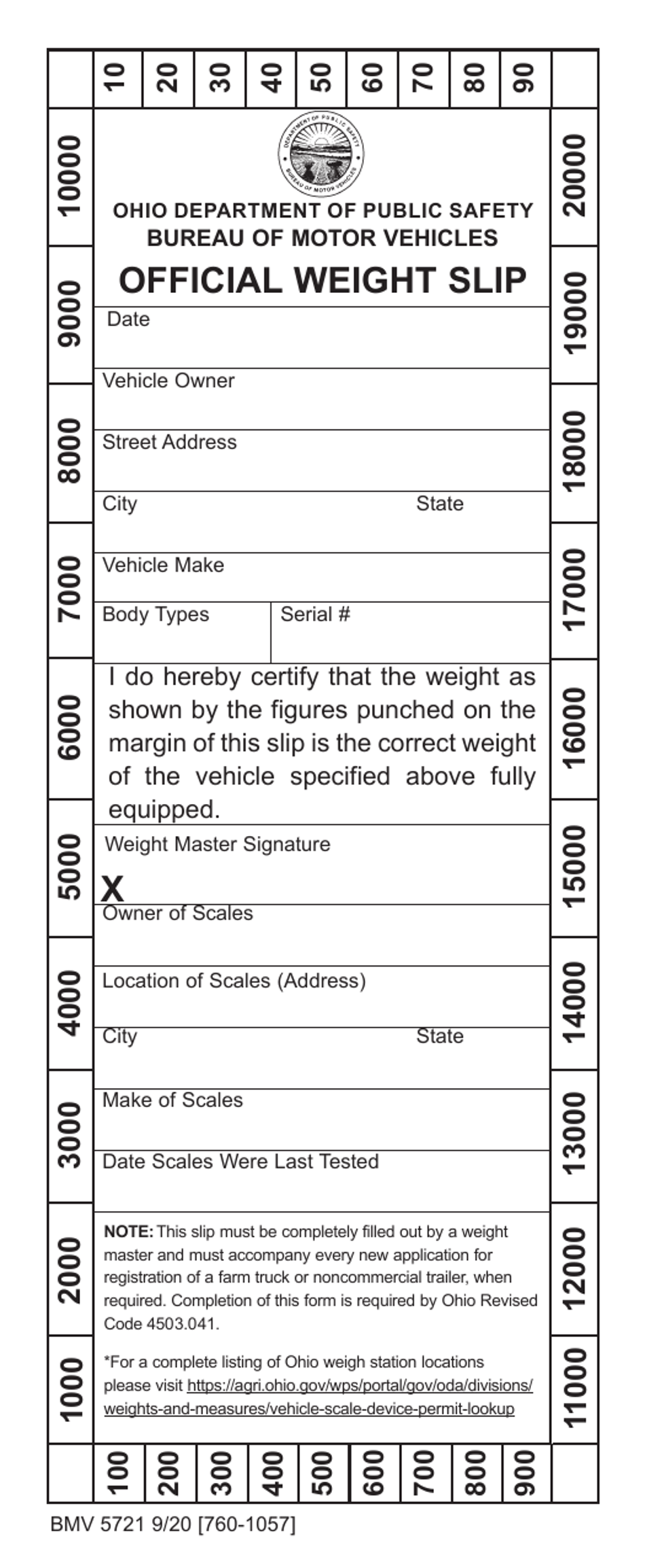 Form BMV5721 Official Weight Slip - Ohio, Page 1