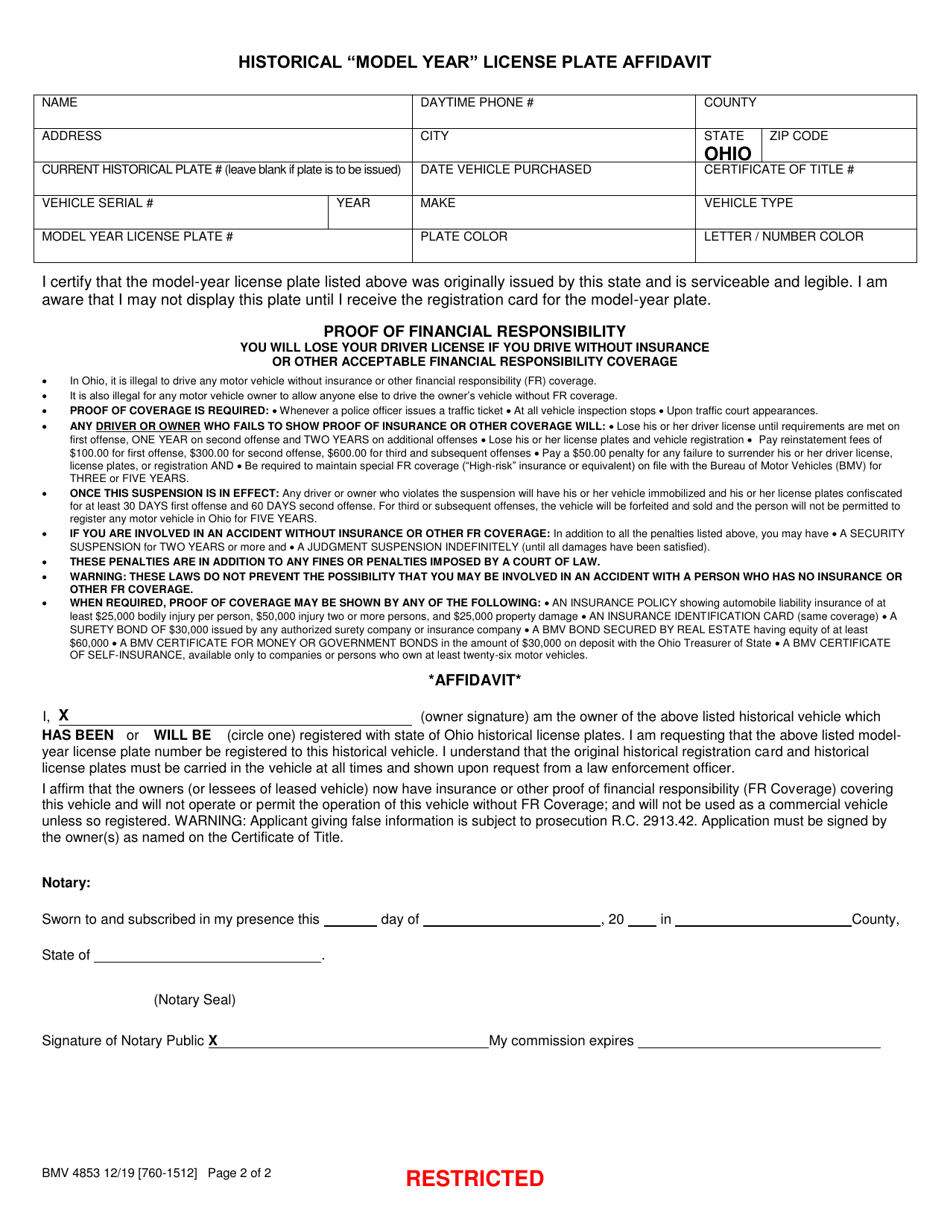 Form BMV4853 - Fill Out, Sign Online and Download Printable PDF, Ohio ...