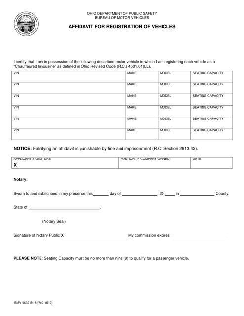 Form BMV4632 Affidavit for Registration of Vehicles - Ohio