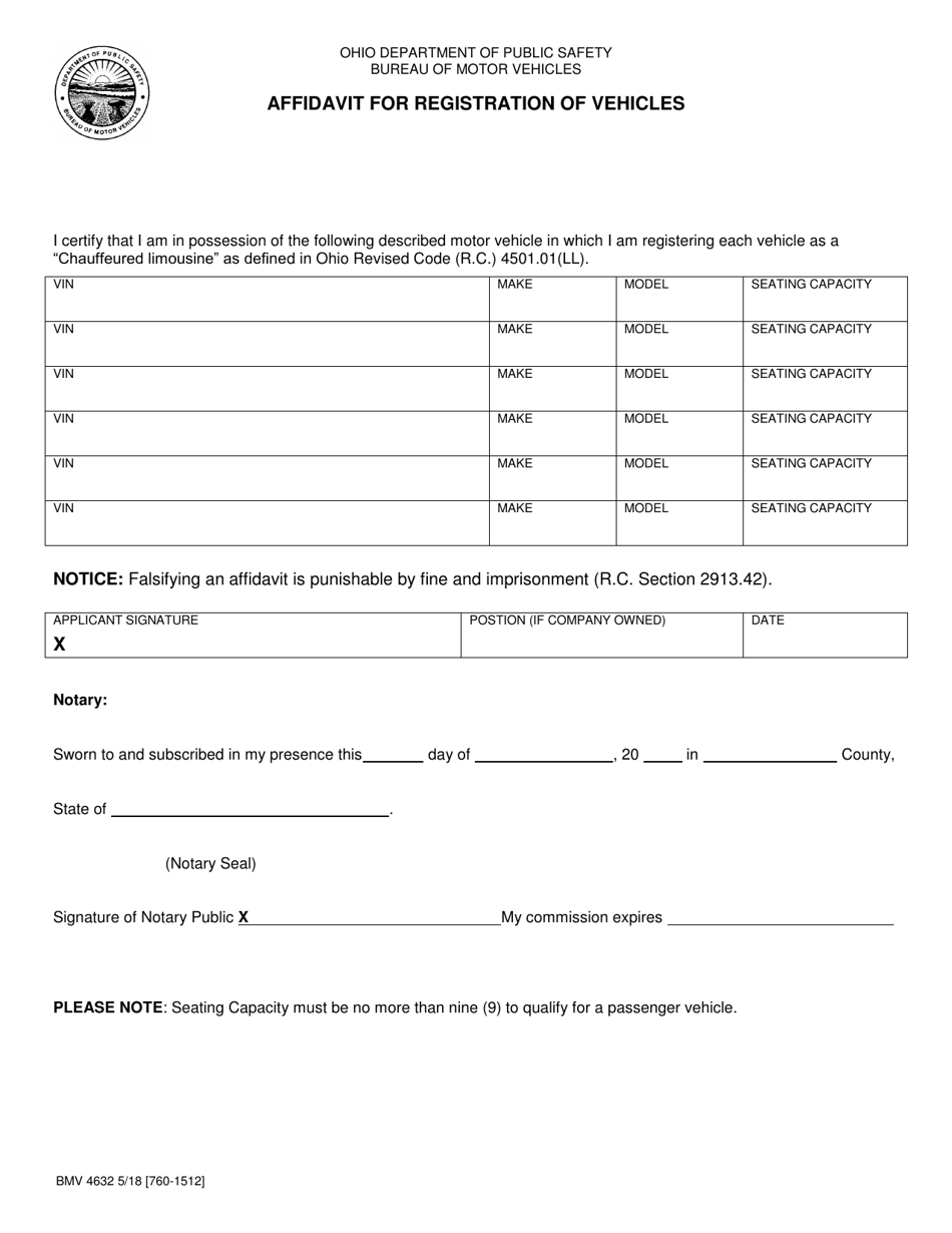Form BMV4632 Affidavit for Registration of Vehicles - Ohio, Page 1