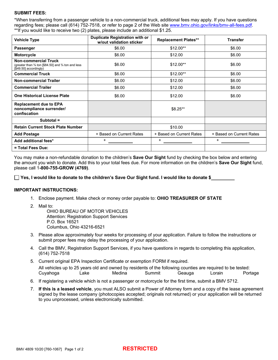 Form BMV4809 Duplicate Registration Card, Transfer, Replacement Plates / Validation Sticker Application - Ohio, Page 2
