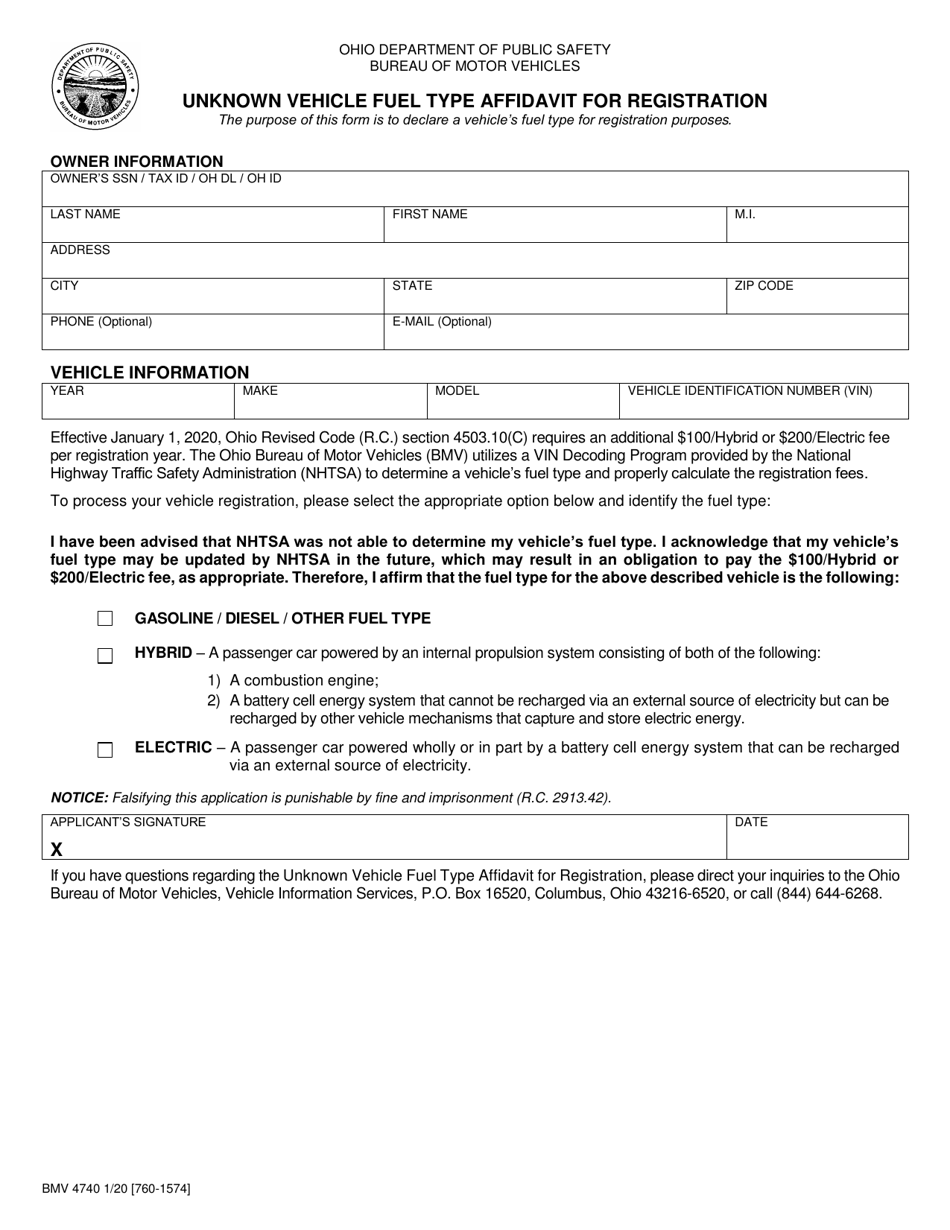 Form BMV4740 Unknown Vehicle Fuel Type Affidavit for Registration - Ohio, Page 1