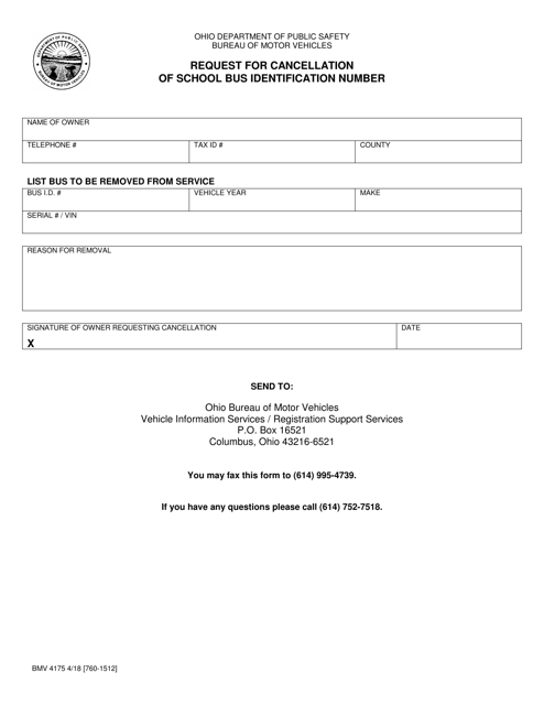 Form BMV4175 Request for Cancellation of School Bus Identification Number - Ohio
