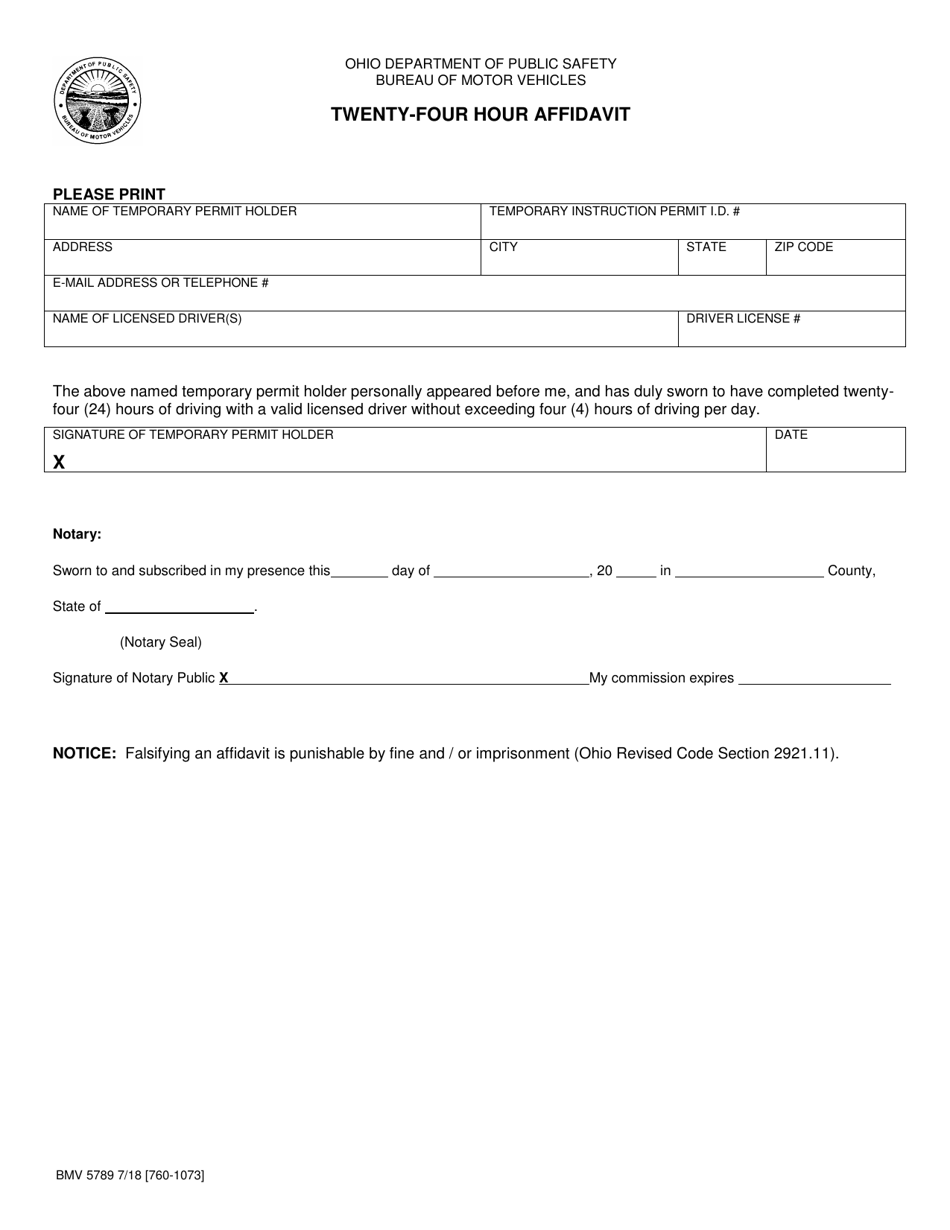 Form BMV5789 Twenty-Four Hour Affidavit - Ohio, Page 1
