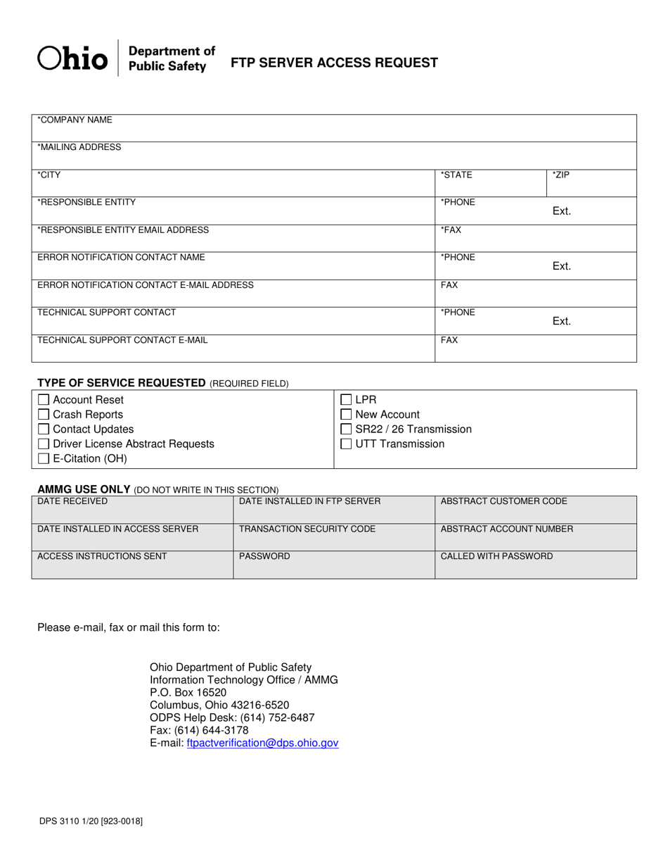 Form DPS3110 Ftp Server Access Request - Ohio, Page 1