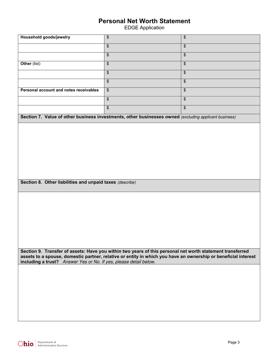 Personal Net Worth Statement - Ohio, Page 3