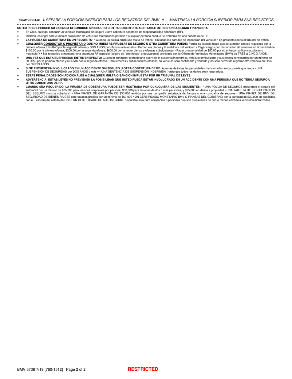 Formulario BMV5738 Poder Para El Registro De Vehiculos En Ohio - Ohio (Spanish), Page 2