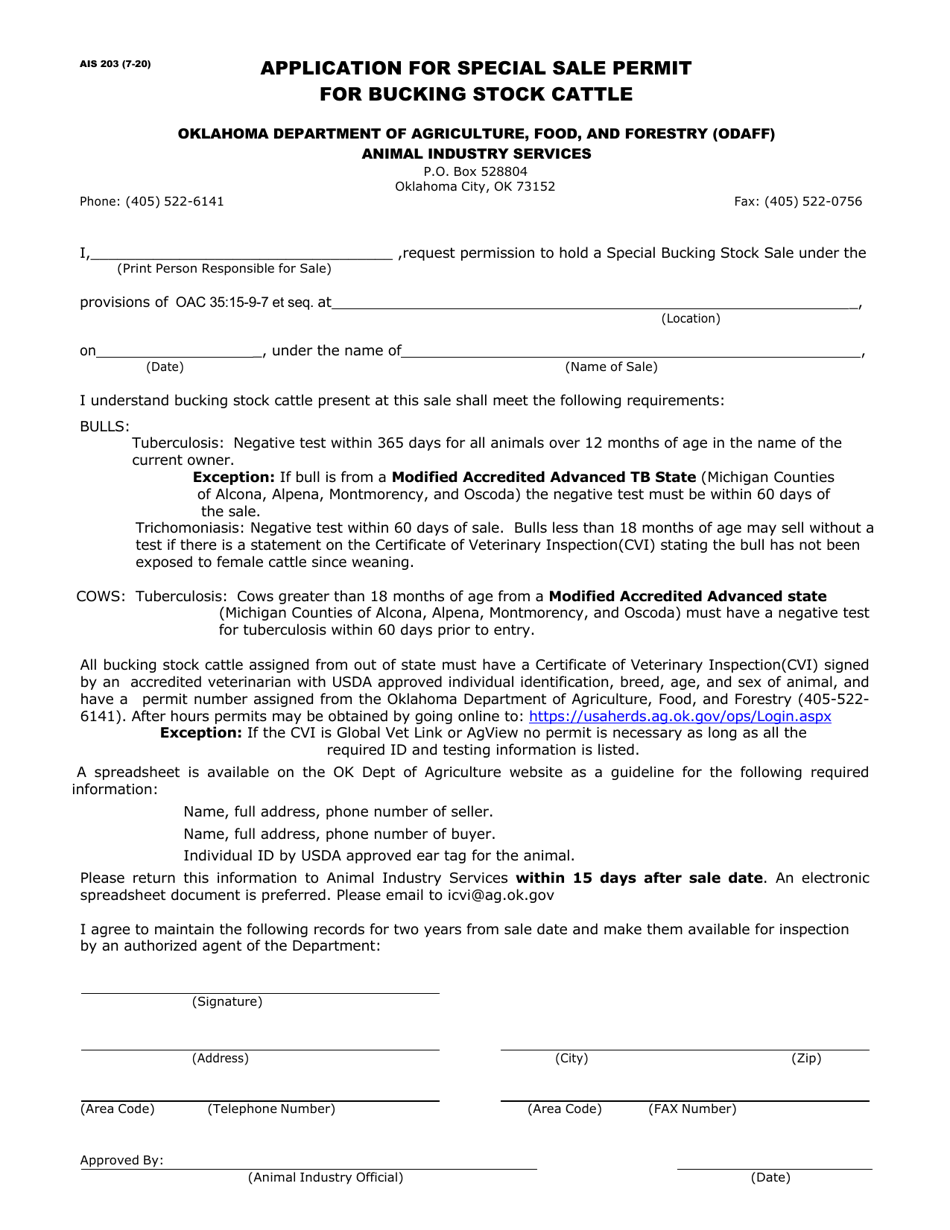 Form AIS203 Application for Special Sale Permit for Bucking Stock Cattle - Oklahoma, Page 1