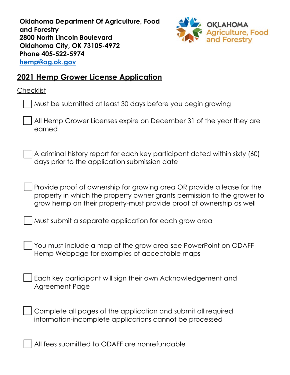 2021 Oklahoma Hemp Grower License Application Download Fillable PDF