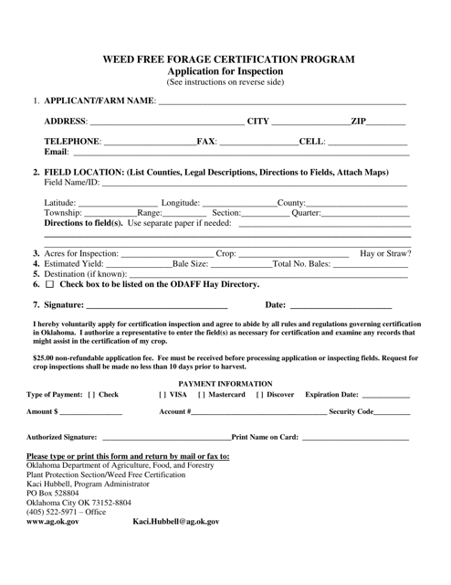 Application for Inspection - Weed Free Forage Certification Program - Oklahoma Download Pdf