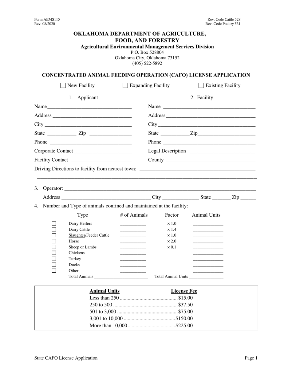 Form AEMS115 Concentrated Animal Feeding Operation (Cafo) License Application - Oklahoma, Page 1