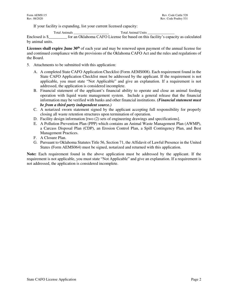 Form AEMS115 Concentrated Animal Feeding Operation (Cafo) License Application - Oklahoma, Page 2