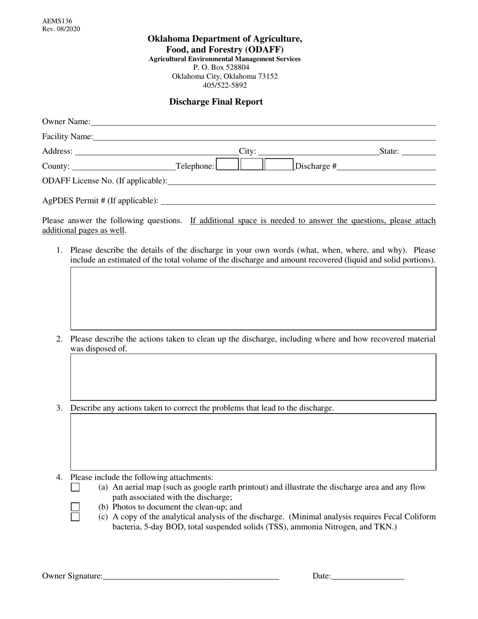 Form AEMS136 Discharge Final Report - Oklahoma, Page 1