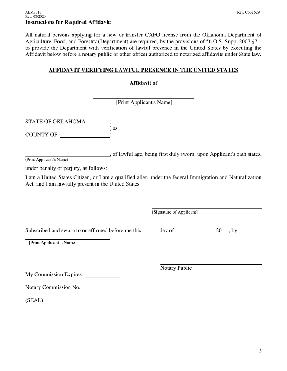 Form AEMS010 Swine Feeding Operation Transfer Application - Oklahoma, Page 3