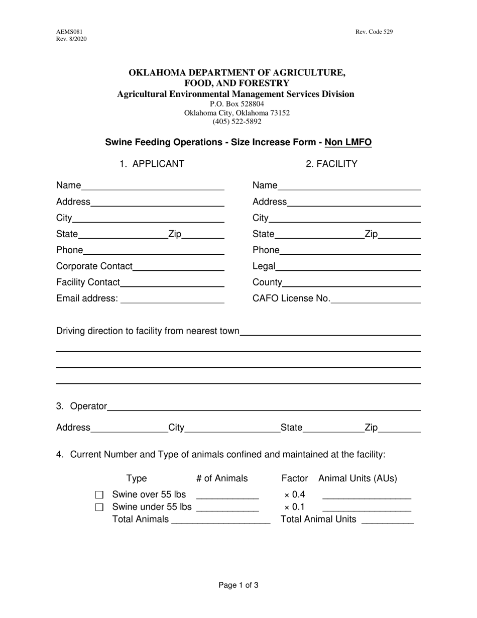 Form AEMS081 Swine Feeding Operations - Size Increase Form - Non Lmfo - Oklahoma, Page 1
