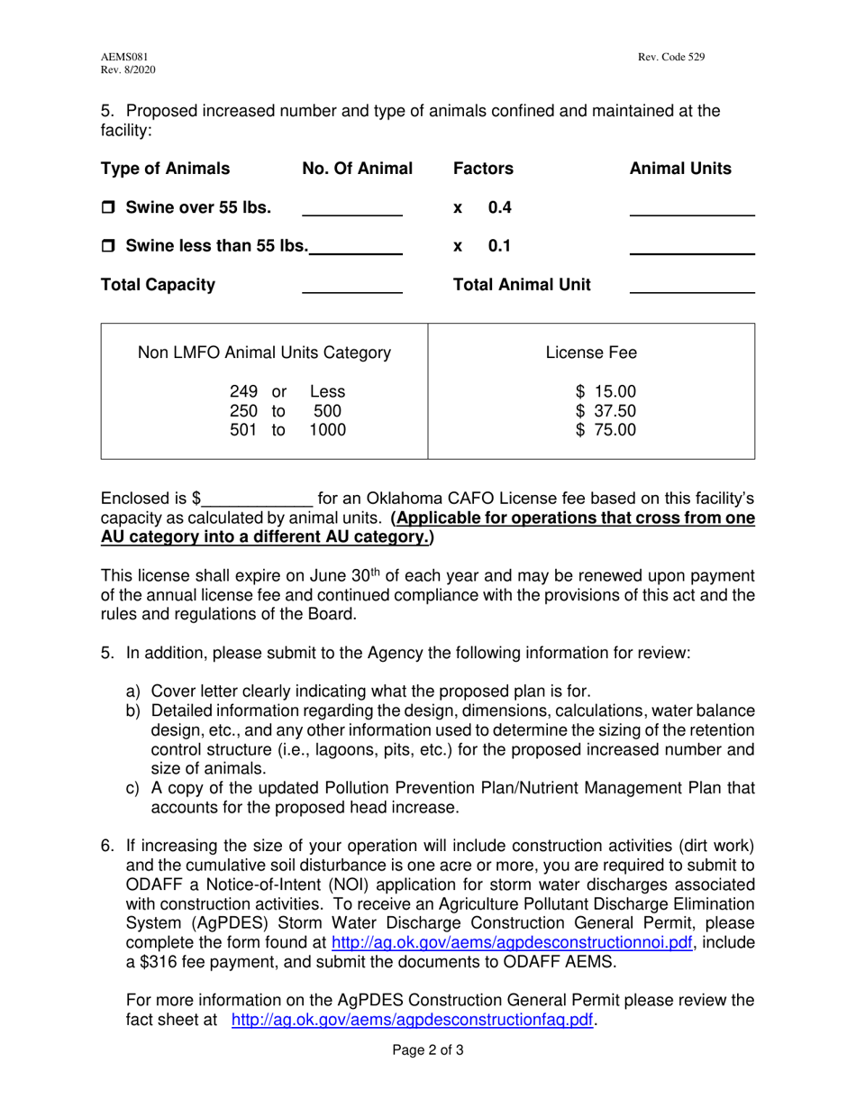 Form AEMS081 Swine Feeding Operations - Size Increase Form - Non Lmfo - Oklahoma, Page 2