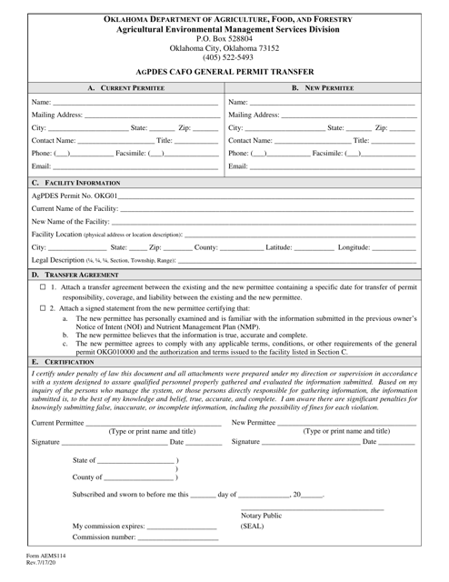 Form AEMS114 Agpdes Cafo General Permit Transfer - Oklahoma