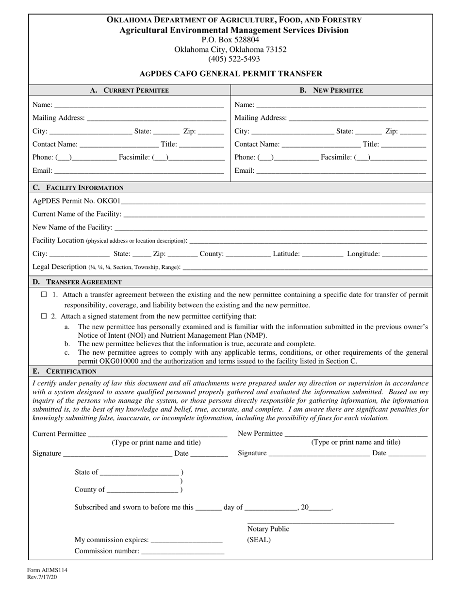 Form AEMS114 Agpdes Cafo General Permit Transfer - Oklahoma, Page 1