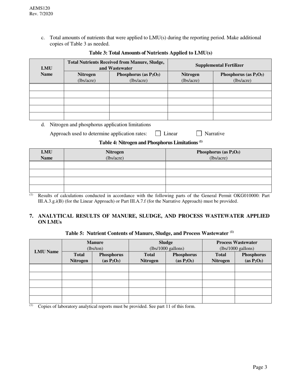 Form AEMS120 Annual Report for Agpdes Concentrated Animal Feeding Operations - Oklahoma, Page 3