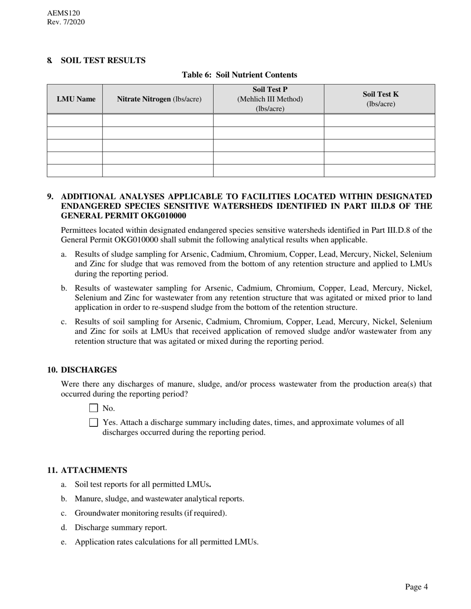 Form AEMS120 Annual Report for Agpdes Concentrated Animal Feeding Operations - Oklahoma, Page 4