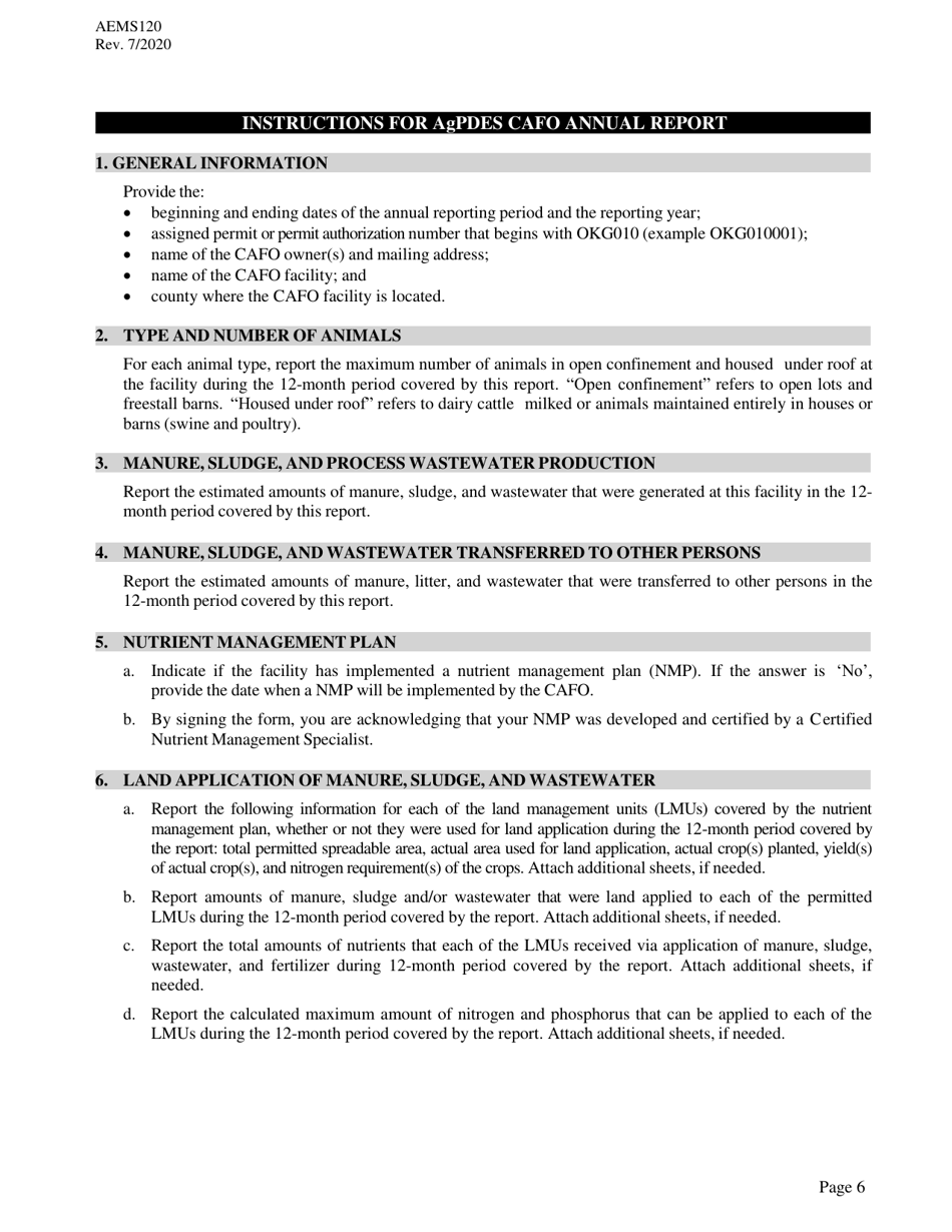 Form AEMS120 Annual Report for Agpdes Concentrated Animal Feeding Operations - Oklahoma, Page 6
