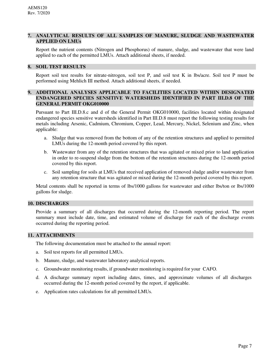 Form AEMS120 Annual Report for Agpdes Concentrated Animal Feeding Operations - Oklahoma, Page 7