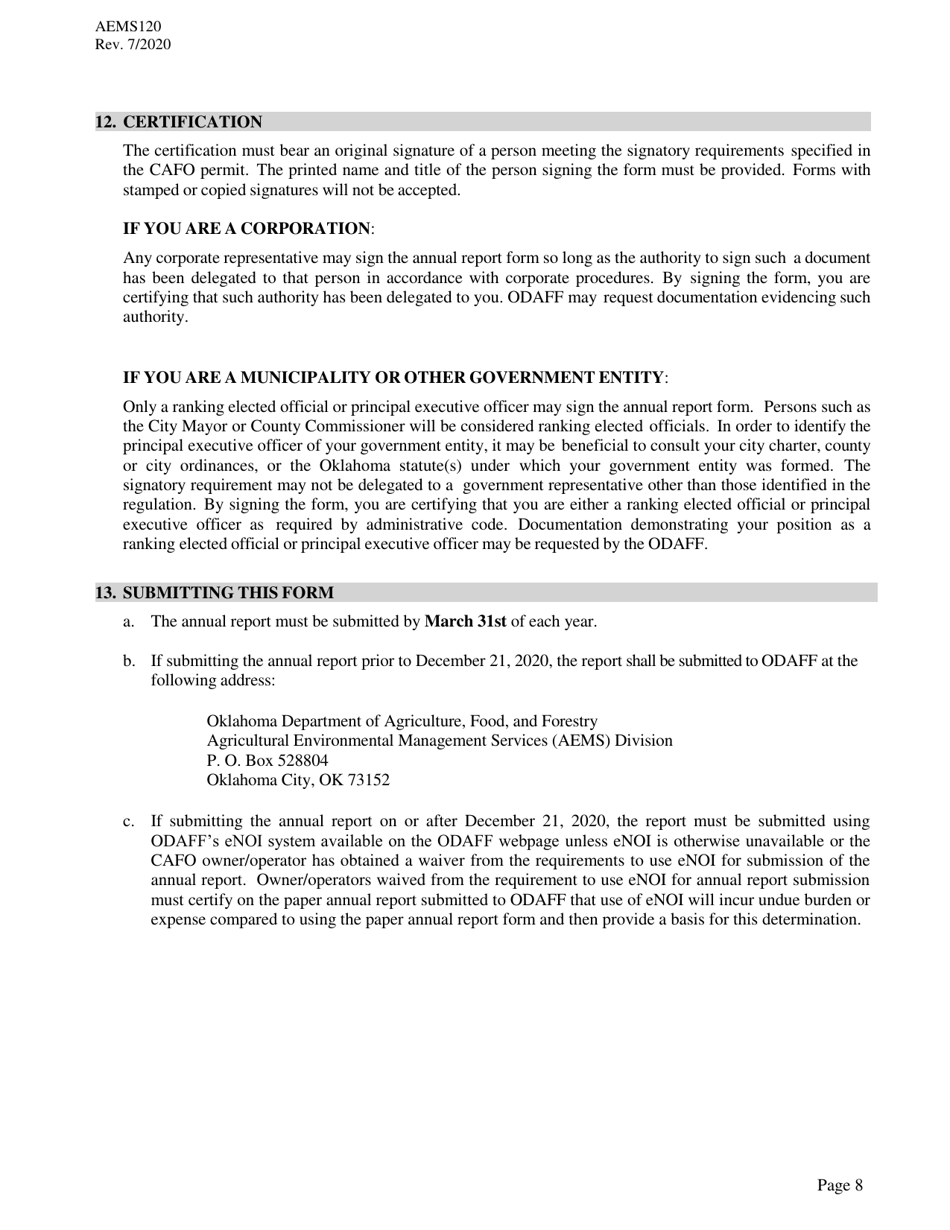Form AEMS120 Annual Report for Agpdes Concentrated Animal Feeding Operations - Oklahoma, Page 8