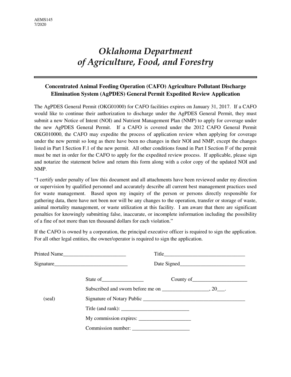 Form AEMS145 Concentrated Animal Feeding Operation (Cafo) Agriculture Pollutant Discharge Elimination System (Agpdes) General Permit Expedited Review Application - Oklahoma, Page 1