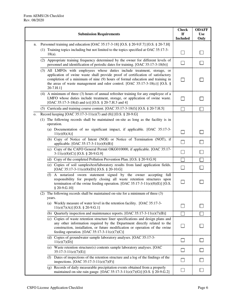 Form AEMS126 Concentrated Swine Feeding Operation (Csfo) License Application - Oklahoma, Page 10